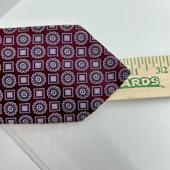 Boss Hugo Boss Wine Red with Pink Blue Floral Geo Print Foulard Print Long Tie - Picture 11 of 12